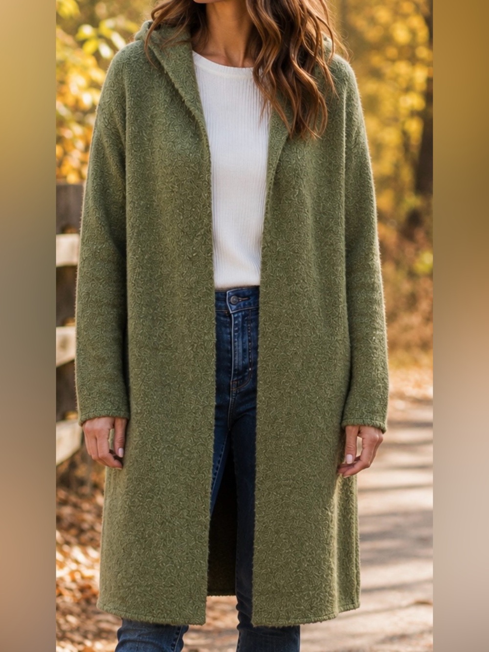 Sundance nubby knit longline cardigan with hood olive open front alpaca wool M